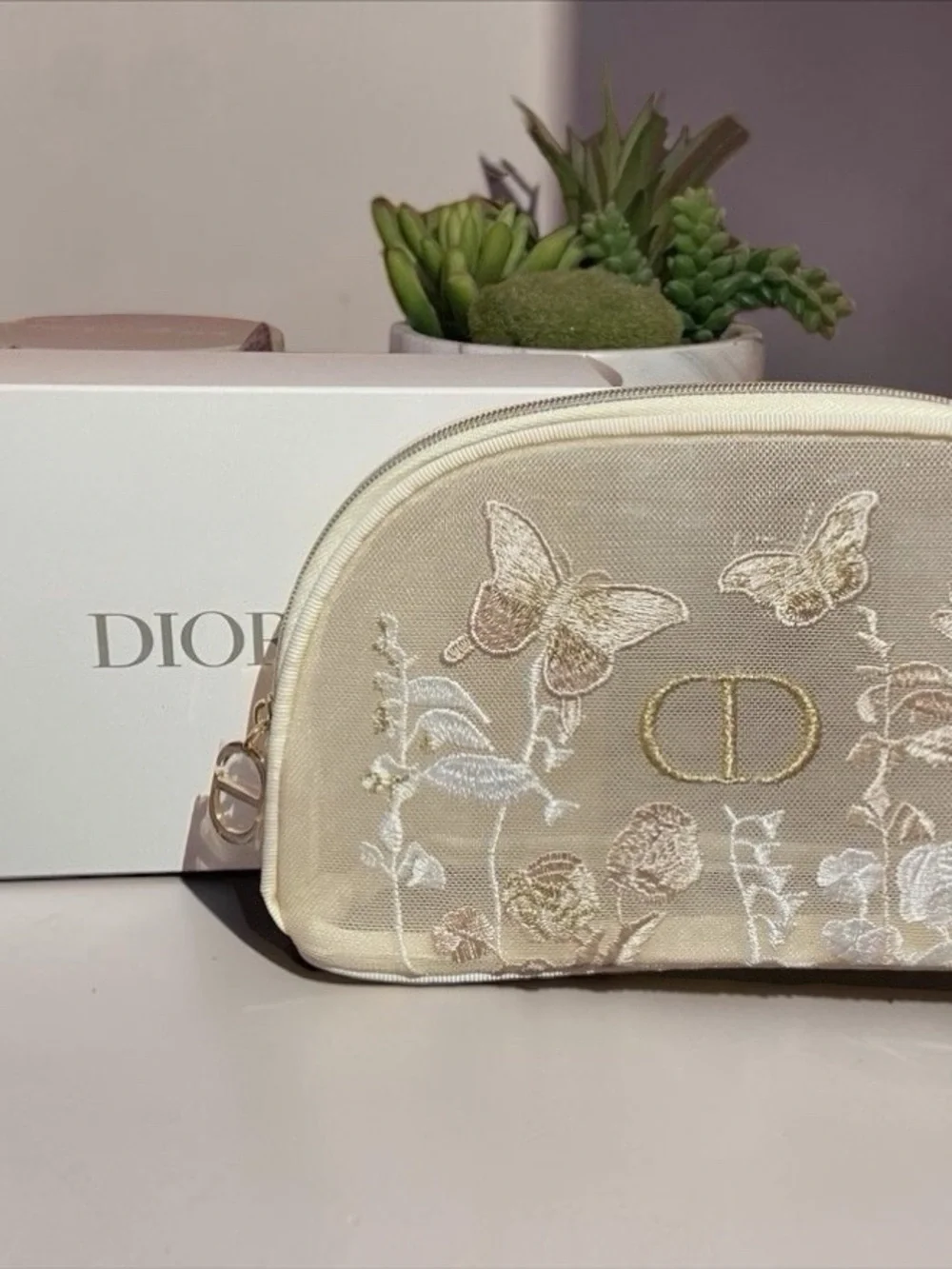 Dior Butterfly Floral Embroidered Cosmetic Makeup Pouch w/ Gift Box NWT